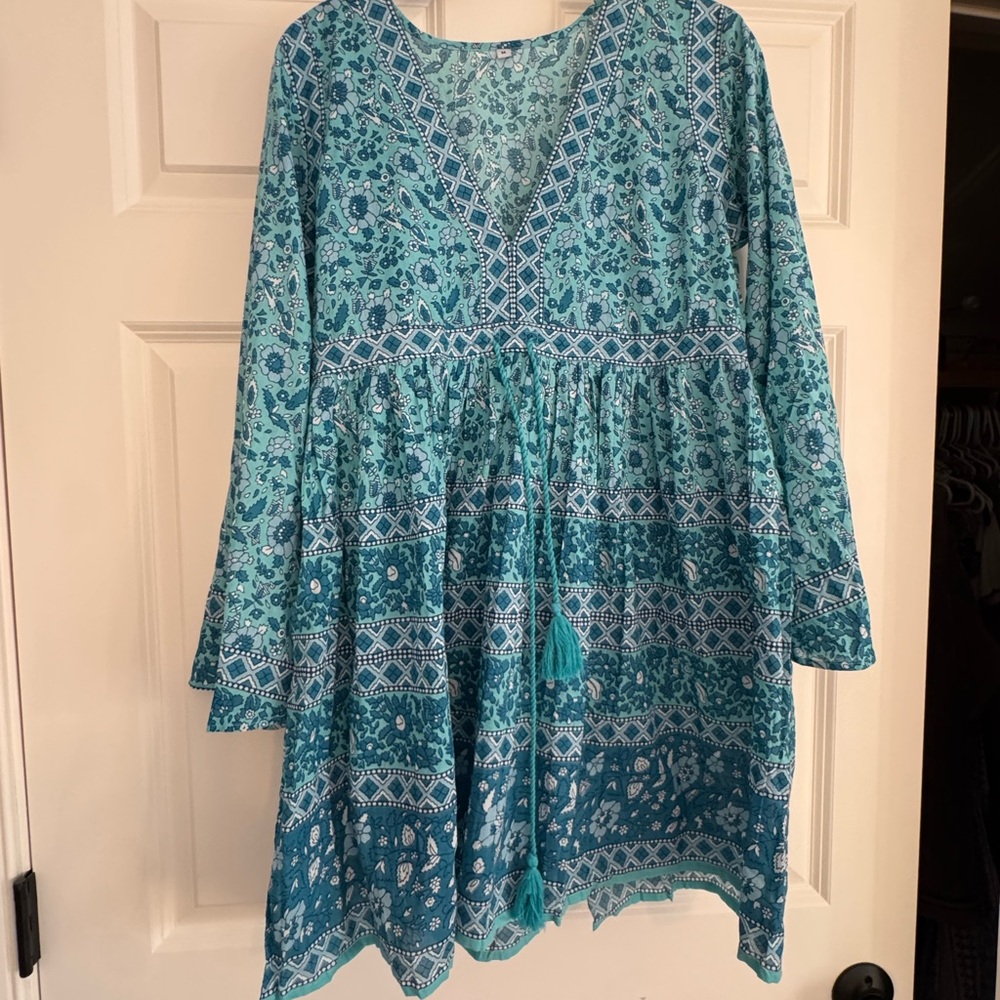 Blue Patterned Boho Dress - Brimfield Antique Mart - new without tags M